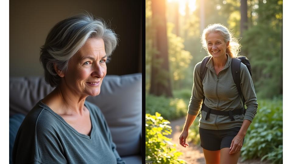 Before and after photo of Eliza, showing her transformation from sedentary to active and vibrant.