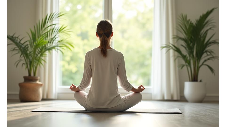 Maria practicing gentle yoga in a sunlit Portland studio, looking peaceful.