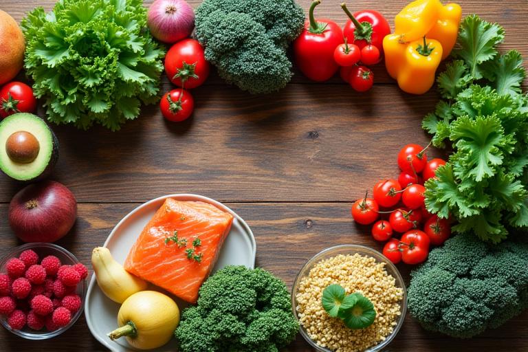 Vibrant, colorful spread of fresh, anti-inflammatory foods like berries, leafy greens, salmon, and whole grains on a rustic wooden table, with a meal plan notebook.