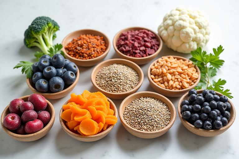 Assortment of high-fiber foods such as chia seeds, oats, leafy greens, and various vegetables, in small bowls, illustrating microbiome diversity.