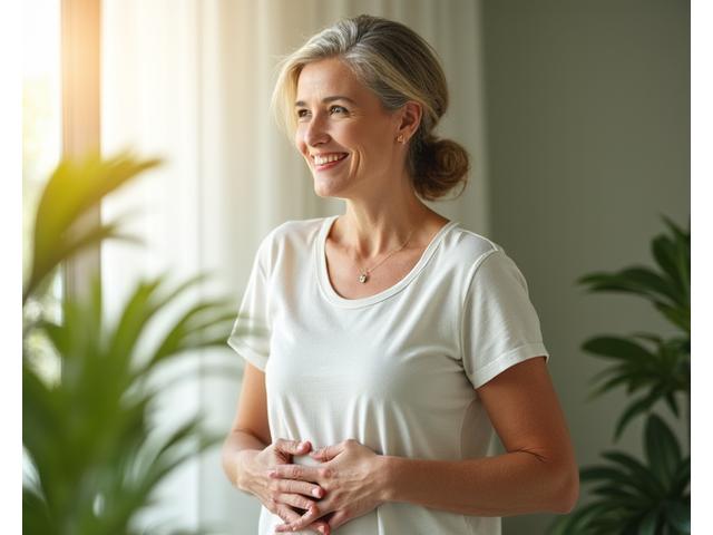 Healthy woman glowing with vitality, holding hands over her gentle stomach, surrounded by green leaves and soft light, emphasizing gut health and well-being.