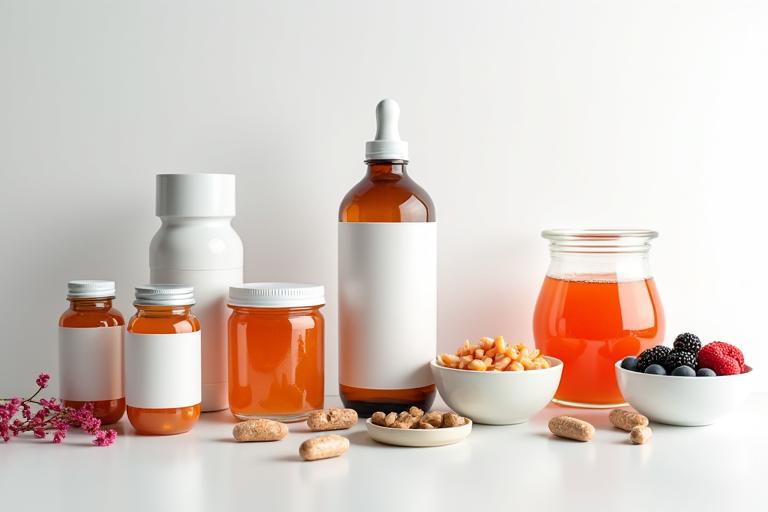 Various bottles of probiotics and digestive enzyme supplements alongside fresh fermented foods like kimchi and yogurt, on a clean white surface.
