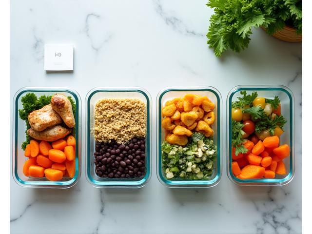 Organized meal prep containers filled with colorful, healthy food for the week ahead.