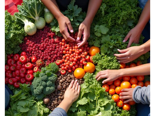 A vibrant overhead shot of a bustling Portland farmers market filled with fresh, colorful produce.