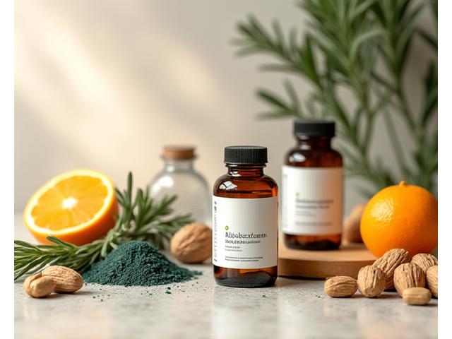 A variety of supplement bottles and natural ingredients, symbolizing a holistic approach to wellness.