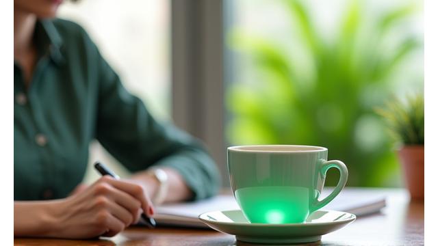 A person working on a laptop with a focused expression, next to a cup of herbal tea and a small plant, symbolizing energy and metabolism support.
