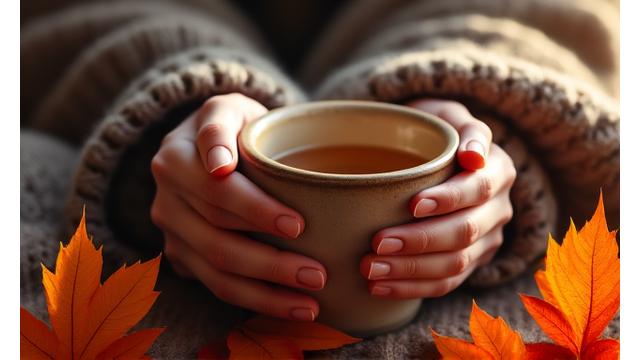 Cozy autumn scene with a person holding a warm drink, surrounded by soft blankets and fall leaves, representing fall stress management.