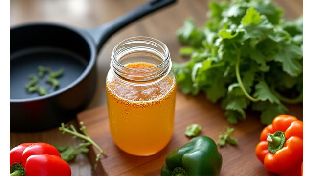 A modern kitchen counter with healthy ingredients like fresh vegetables, quality cookware, and a fermentation jar, symbolizing kitchen essentials.